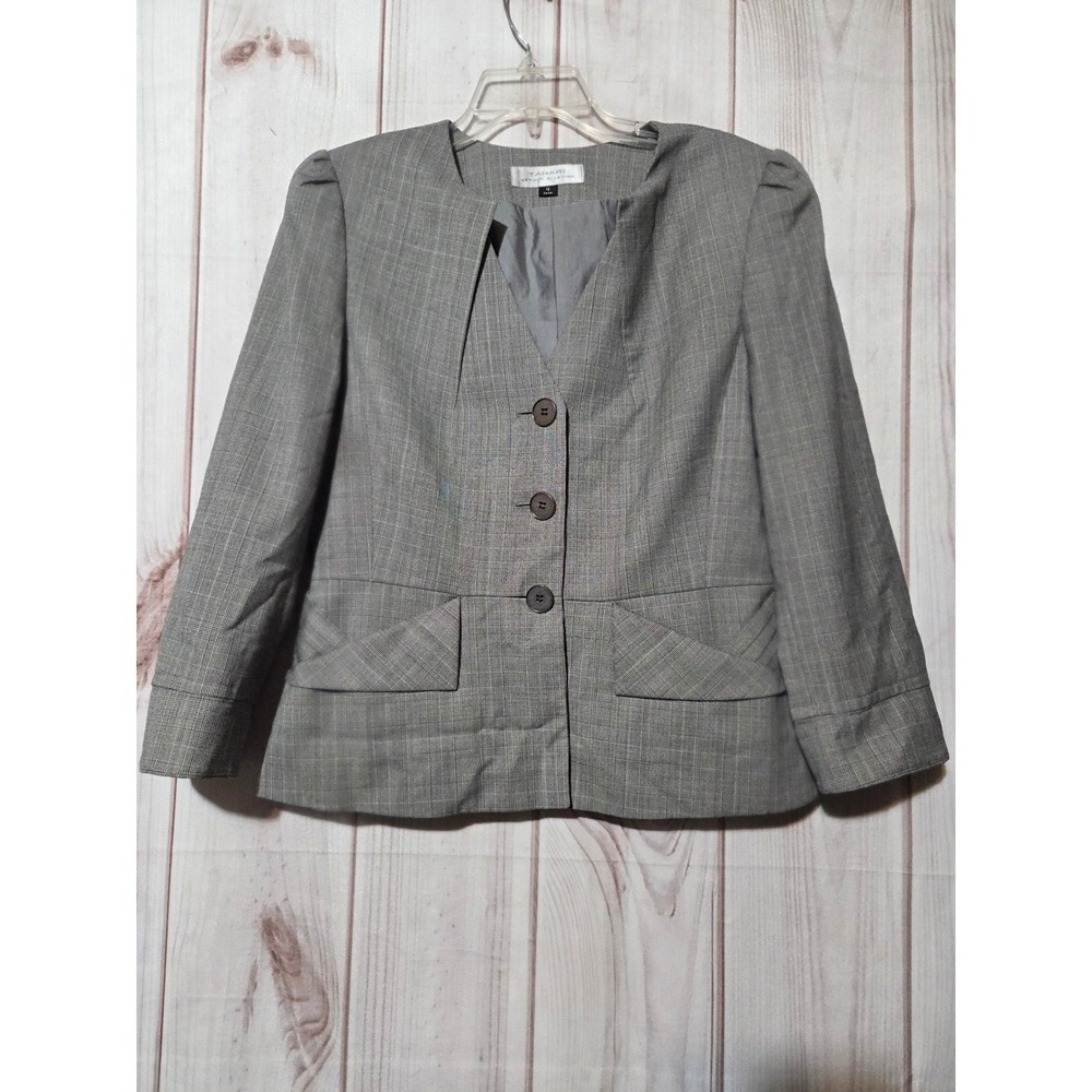 Tahari Arthur S Levine Grey Plaid Wool Blend Blazer Jacket Womens Size 12 Office